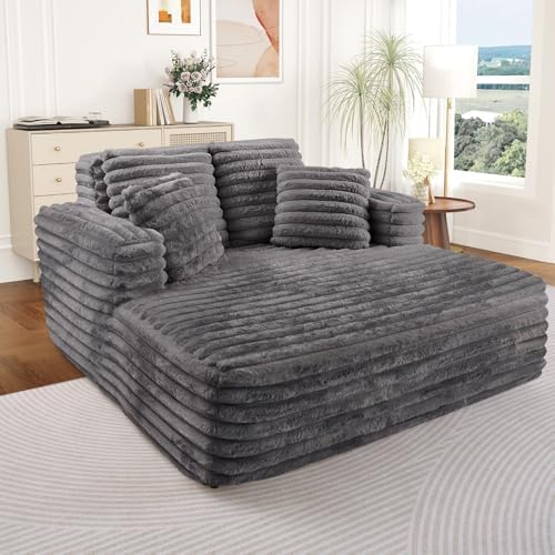 Oversized Chaise Lounge Indoor, Modern Plush Corduroy Fabric Deep Seat Boneless Memory Foam Sleeper Chaise Lounge Sofa Chair with Pillows for Living Room Bedroom Studio, No Assembly Couch, Grey