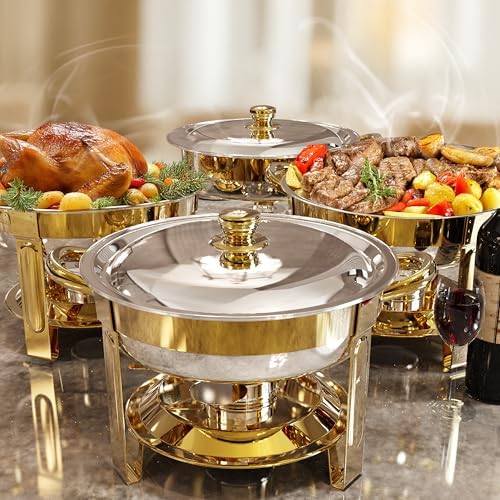 Chafing Dishes for Buffet Set,4 Pack 6QT, No Assemble Stainless Steel Food Warmers for Catering, Parties & Events, Roes Gold Colors Chafing Dish Buffet Set