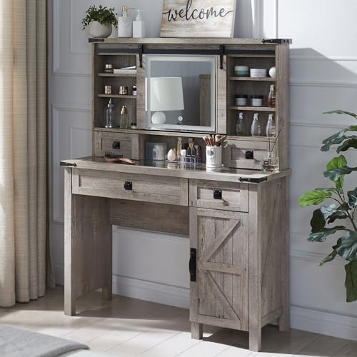 T4TREAM Farmhouse Makeup Vanity Desk with Sliding Mirror and Lights, 42'' Glass Tabletop Vanity Table with 2 Drawers & Shelves, Rustic Big Vanity Set for Bedroom, Light Rustic Oak