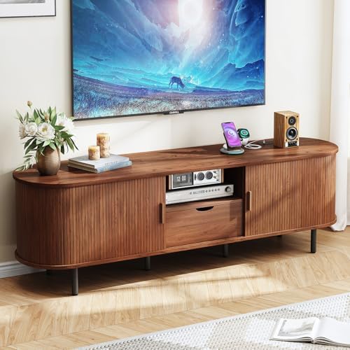 ONBRILL 69" TV Stand with Power Outlet for TVs up to 80", Entertainment Center with Storage and Drawer, TV Console with Adjustable Shelves and Sliding Door, TV Stand for Living Room, Bedroom, Walnut