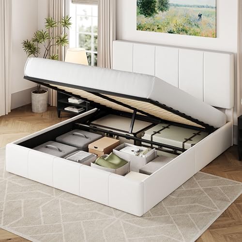 Allewie Full Size Velvet Lift Up Storage Bed Frame, Vertical Channel Tufted Headboard, Hydrualic Underneath Storage, Upholstered Platform Bed, Wooden Slats Support, No Box Spring Needed, White