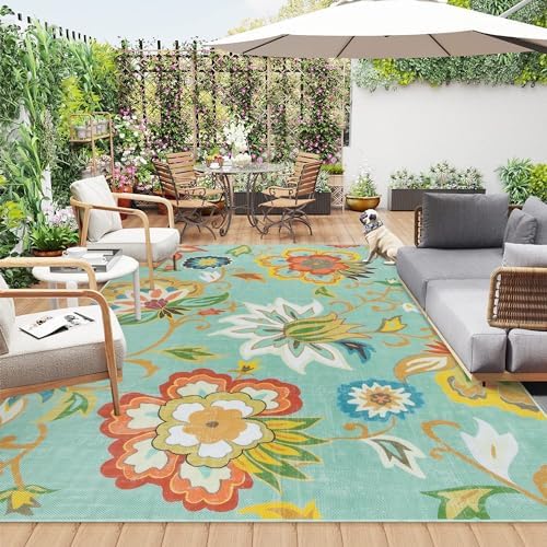 Lahome Floral Indoor Outdoor Rug 8x10, Non Slip Outdoor Patio Rug for Camping Picnic, Portable Large Outdoor Rugs for Balcony Deck Backyard, RV Mat Outdoor Carpet for Living Room Bedroom,Multi