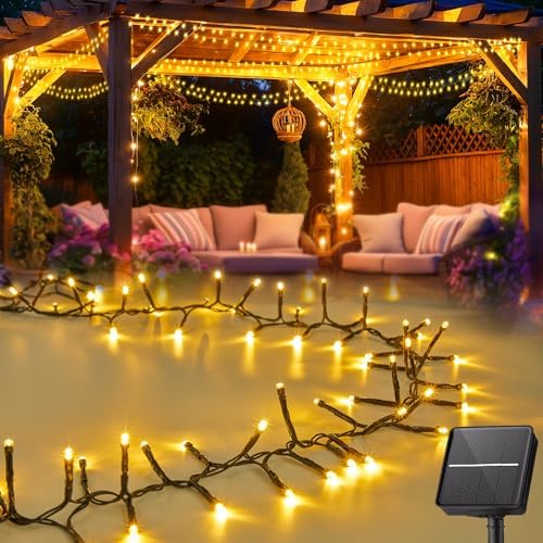 Brightown Solar String Lights Outdoor Waterproof, 9.8Ft 120 LED Christmas Tree Lights with 8 Modes, Solar Christmas Lights Outdoor for Yard, Fence, Balcony, Party, Christmas Decor (Warm White)