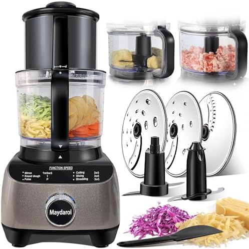14 Cup Food Processor, French-Fry-Cutter, Blending, Mixing, Shredding, and Slicing, Meat and Vegetable Chopping, Doughing for Home Use, Mincing, and Pureeing,4 Speeds,600W