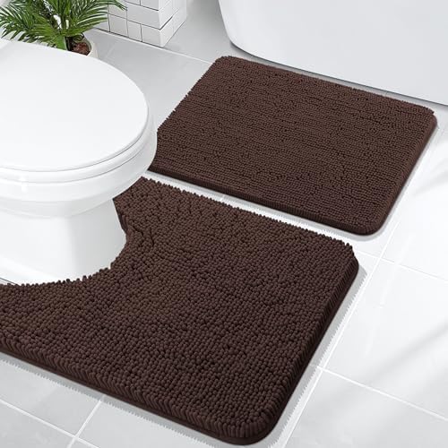 OLANLY Bathroom Rugs Sets 2 Piece, Soft Absorbent Chenille Bath Mats and U-Shaped Contour Toilet Mat Area Rug Set, Machine Washable Bath Carpet, Home Decor Accessories(24"x16"+24"x20", Brown)