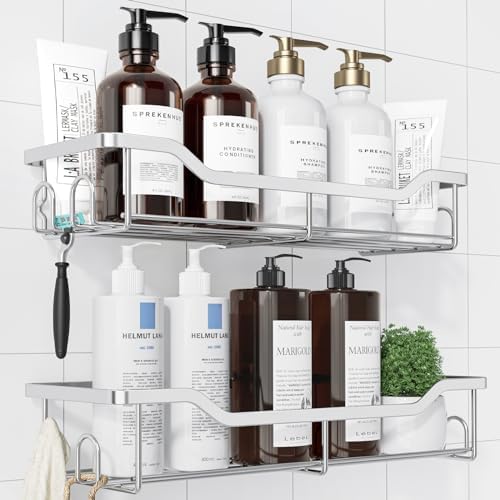 Kitsure Shower Caddy Large - Adhesive Shower Organizer, Stainless Steel Shower Shelf for Inside Shower, No Drill Bathroom Organizers and Storage, Home Decor Accessories, 2 Pack, Sliver