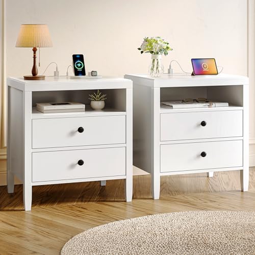 Huuger White Nightstand Set of 2, Night Stand with Charger Station, Bedside Table with 2 Drawers, Bed Side Tables for Bedroom, Modern Nightstands, Metal Knobs, Painted Surface
