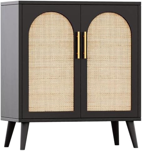 Rovaurx Rattan Storage Cabinet with Doors, Accent Bathroom Floor Cabinet, Modern Sideboard Buffet Cabinet for Living Room, Entryway, Dining Room and Kitchen, Black and Natural BMGZ108BM