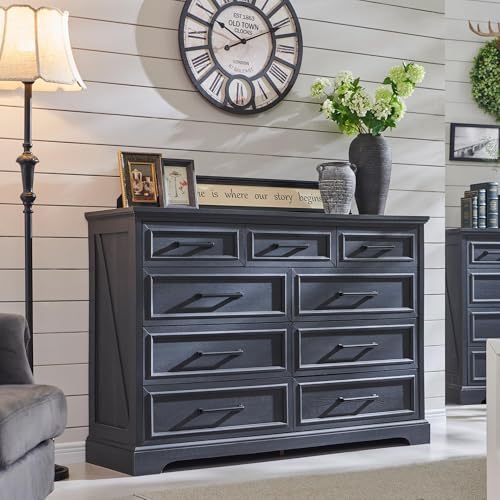 ACCOHOHO Farmhouse 9 Drawer Dresser for Bedroom, 36 Inch Tall Modern Dresser TV Stand with Large Drawers & Bar Handles, Rustic Wood Chest of Drawers for Bedroom, Living Room, Hallway, Black