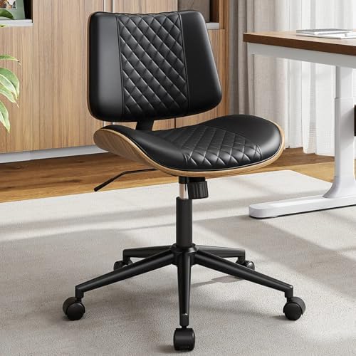 Home Office Chair with Wheels, Armless Desk Chair Adjustable Height with Lumbar Support, Swivel Rolling, Modern Walnut Backrest for Office, Small Space, Black, Lozenge Pattern