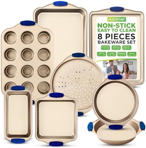 NutriChef 8-Piece Nonstick Bakeware Set - Heavy Duty Carbon Steel Baking Pans w/ Blue Silicone Handles - Pizza Crisper, Muffin & Loaf Pan, Round & Square Pans, Cookie Sheet - Easy Release & Clean