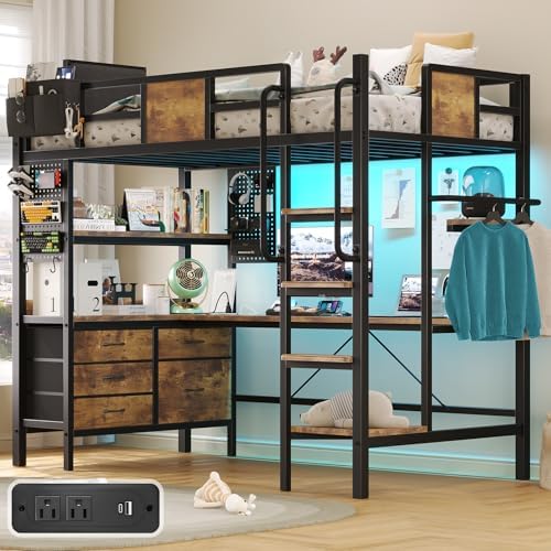 Loft Bed with Desk, Bunk Bed with Desk,Twin Loft Bed with L-Shaped Desk and Storage, loft Bed Twin Size with LED Lights & Charging Station, 5 Drawer&2 Pegboards, Safety Guard Ladder, Brown