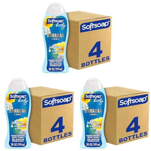 Softsoap Moisturizing Body Wash Hawaiian Luau, Jasmine and Vanilla Scent, 20 oz Bottle, 12 Pack