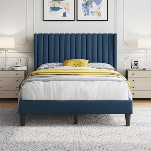Yaheetech Full Size Bed Frame, Upholstered Platform Bed with Wing Edge Headboard, Square Tufted Fabric/Mattress Foundation/Wooden Slats Support/No Box Spring Needed/Easy Assembly/Navy Blue