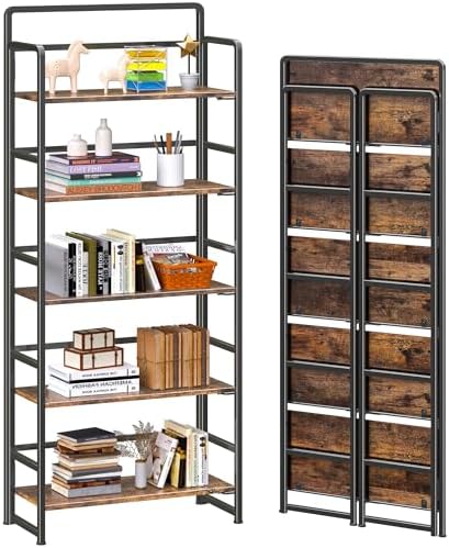 4NM No Assembly 5 Tiers Folding Bookshelf Storage Shelves Vintage Bookcase Standing Racks Study Organizer Home Office (Rustic Brown Black)