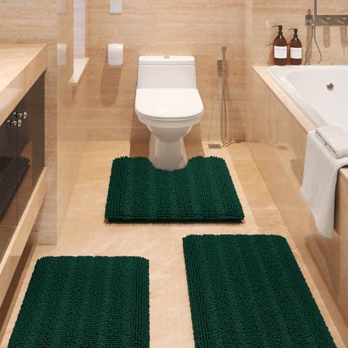 Striped Deep Green Bathroom Rug Set 3 Pieces Ultra Soft, Non Slip Chenille Bath Carpet, Absorbent Plush Shaggy Bath Mats for Bathroom, Toilet, Bedroom, Kitchen