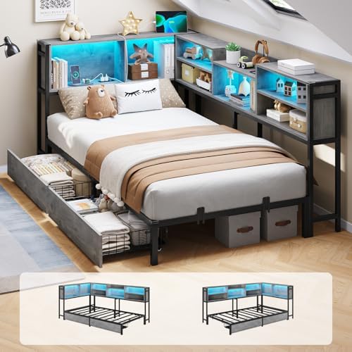 DICTAC Corner Twin Bed Frame with Bookcase Storage and Led Lights Metal Platform Beds with 2 Drawers and Charging Station Twin Size Daybed with Storage for Living Room,Bedroom & Guest Room,Oak Gray
