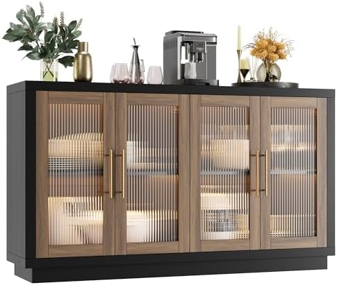 FOTOSOK Buffet Cabinet with Storage, 55.1" Large Sideboard Buffet Table, Modern Sideboard Kitchen Cabinet with 4 Fluted Glass Doors, Wood Coffee Ba for Kitchen Dining Room, Black/Brown