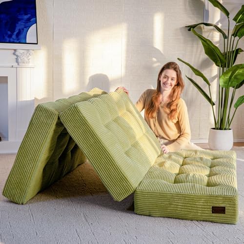 MAXYOYO Tri-Fold Mattress, 6 Inch Tufted Folding Mattress Full Foam Bed, Foldable Floor Couch Guest Bed Topper Portable Camping Sleeper with Corded Fabric, Green, 53"x75"