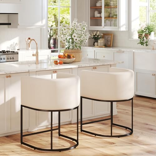 HNY Modern Counter Height Linen Fabric Upholstered Counter Stools Set of 2, 24 Inch Kitchen Island Stool with Black Tubular Frame, Cream