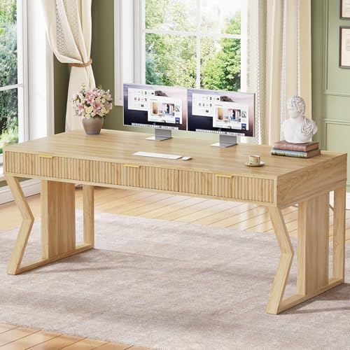 SEDETA 55" Executive Office Desk with 3 Drawers, Home Office Desk with Storage Drawers, Computer Writing Desk Study Table, Natural Oak