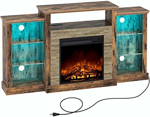 Rolanstar Fireplace TV Stand with Led Lights and Power Outlets, TV Console for 32" 43" 50" 55" 65", Entertainment Center with Adjustable Glass Shelves, Rustic Brown