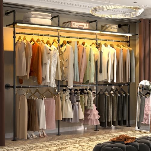 Aheaplus Industrial Pipe Clothing Rack, Reversible 118.3'' Clothes Rack for Hanging Clothes, Heavy Duty Garment Rack Closet Wardrobe Rack with LED Lights& Shelves, Walk-in Closet System, Black