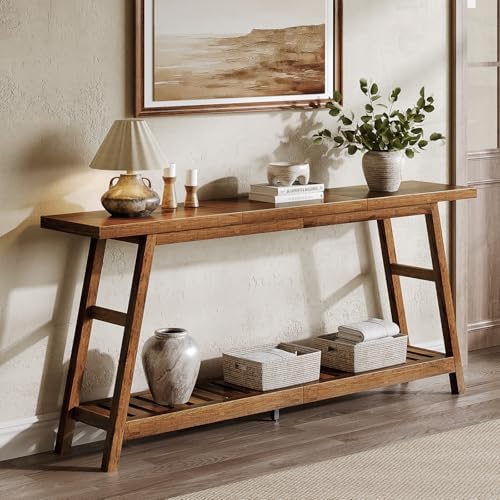 ChooChoo 70.9 Inch Long Console Tables for Entryway, Wood 2-Tier Entry Hallway Table, Narrow Sofa Table Behind Couch Table for Living Room, Entrance, Walnut