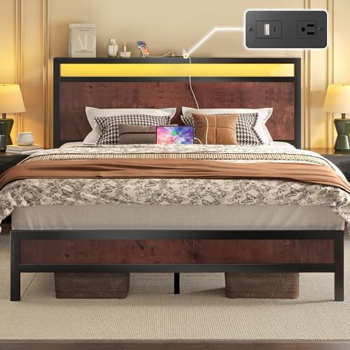 Queen Bed Frame with Headboard & Footboard, Bed Frame with Built-in Charging Station & LED Light, Storage Shelf, Noise-Free, No Box Spring Needed, Easy Assembly, Coffee Brown