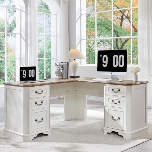 T4TREAM 59" Executive L Shaped Desk with Drawers,Farmhouse Wood Computer Coner Desk, Featuring Charging Station,File Drawer, Storage Cabinet,for Home Office Work and Study (Antique White)