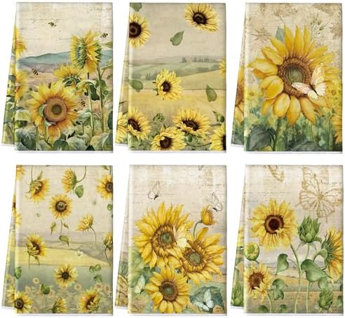Patelai 6 Pcs Sunflower Kitchen Towels Summer Yellow Bee Butterfly Dish Fall Seasonal Tea Hand Towel Thanksgiving Dishcloth for Spring Holiday Housewarming Home Gift, 21.26 x 14.17 Inches