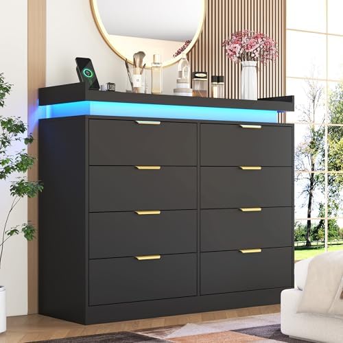 8 Drawer Dressers for Bedroom, Black Dresser with LED Lights and Power Outlet, Wood LED Dresser, Double Wide Modern Chest of Drawers for Bedroom, Entryway, Hallway