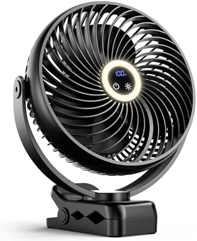 xasla 10000mAh Portable Clip On Fan With Light, 8 Inch Rechargeable Battery Operated Fan, 24H Long-last, Quiet Personal Camping Fan Digital Display, 3 Speed, 360° Rotate, for Gym Outdoor Travel