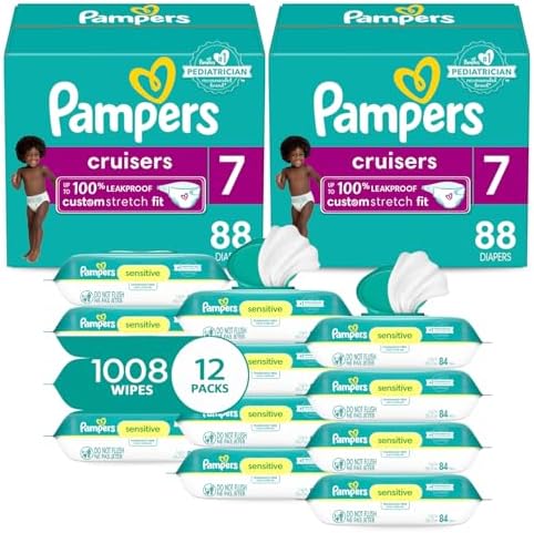 Pampers Pull On Cruisers 360° Fit Disposable Baby Diapers Size 7, 2 Months Supply (2 x 88 Count) with Sensitive Water Based Baby Wipes 12X Multi Pack Pop-Top and Refill (1008 Count)
