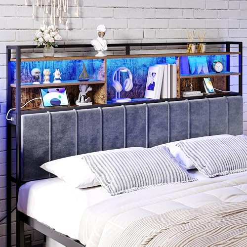 Headboard with 3-Tier Storage Shelves, Velvet Upholstered Head Board with 2 Outlets, USB Ports & LED Light, Soft Backrest for King Size Bed Rustic Brown and Black BH19401B