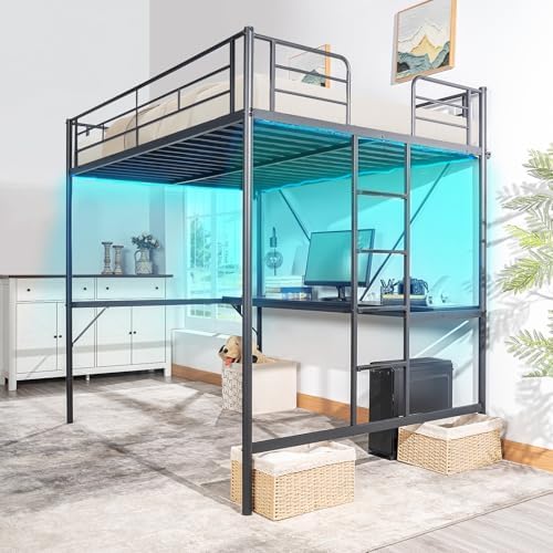 VINGLI Full Size Metal Loft Bunk Bed Frame for Kids Teens Adults with Desk Underneath,2 Charging Station,LED Lights,Safety Guardrail and Stair,No Box Spring Needed,Black