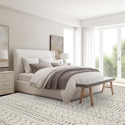 Deerly Boho Area Rugs 9x12 for Living Room, Moroccan Farmhouse Washable Rug with Rubber Backing Cream Grey