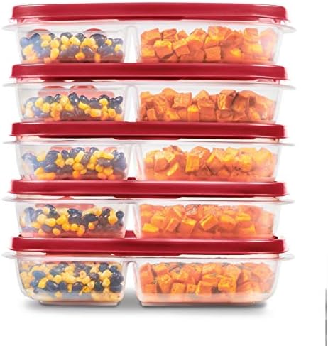 Rubbermaid EasyFindLids Meal Prep Containers, 3 Compartments, 5.1 Cup, 5 Pack