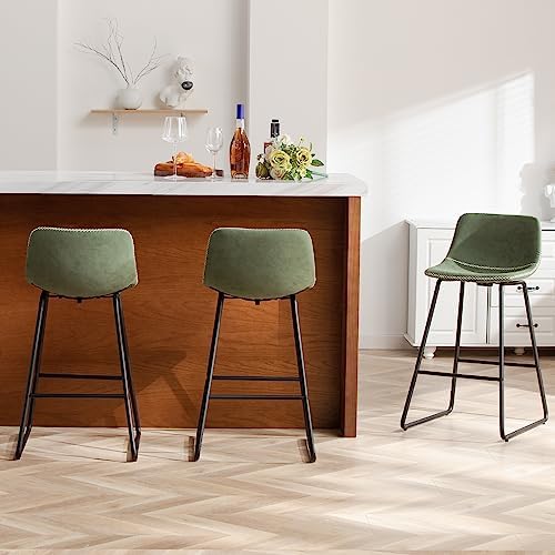 HeuGah Green Bar Stools Set of 3, 26 Inch Barstools with Metal Legs Faux Leather Counter Height Bar Stools for Kitchen Island Modern Bar Seats Chairs with Backrest