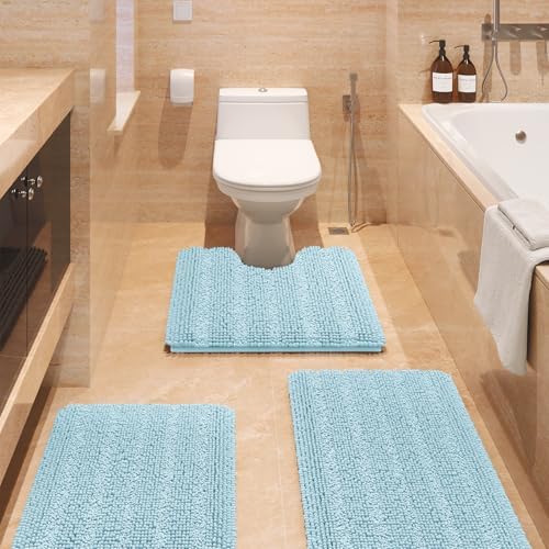 Striped Spa Blue Bathroom Rug Set 3 Pieces Ultra Soft, Non Slip Chenille Bath Carpet, Absorbent Plush Shaggy Bath Mats for Bathroom, Toilet, Bedroom, Kitchen