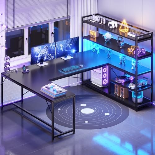SEDETA L Shaped Gaming Desk, 63'' Reversible Computer Desk with Power Outlet and Storage Shelves, Corner Gaming Desk with LED Lights, Bookshelf for Home Office, Black