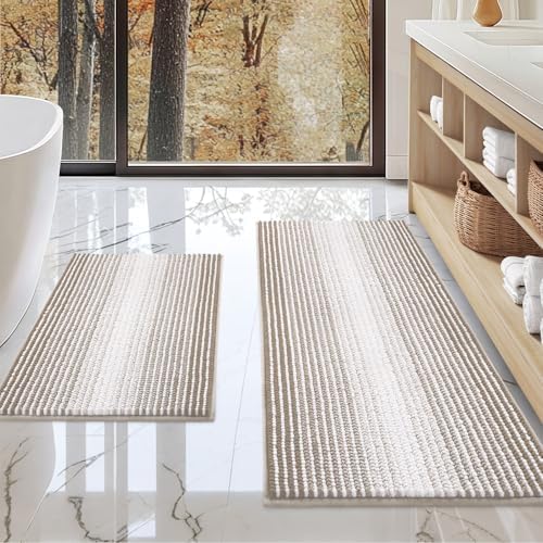BSICPRO Bathroom Rugs and Mats Sets, 2 Piece Thick Absorbent Chenille Non Slip, Soft Shaggy Floor Mats, Machine Washable (Light Taupe, 20" x 47" Plus 16" x 24")