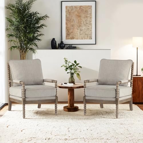 DUHOME Linen Fabric Spindle Accent Chairs Set of 2,Spool Chairs with High Resilience Spring Cushion and Armrest Pads, Leisure Armchair for Living Room Bedroom Farmhouse Home Office Belcony
