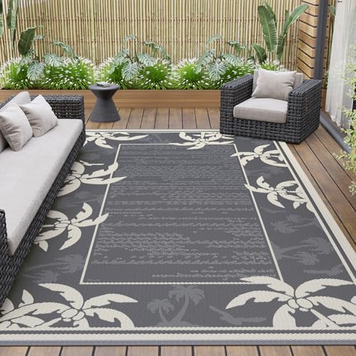 COCOER Outdoor-Rug 8x10 ft Waterproof Reversible Outdoor Plastic Straw Rug RV Indoor Outdoor Carpet Quick Dry Patio Rug Camping Mat for Balcony Backyard Picnic Beach-Grey&Beige