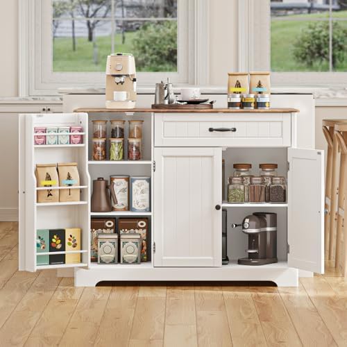 Gizoon Kitchen Sideboard Buffet Cabinet with Storage Small Coffee Bar Cabinet with Drawer, Kitchen Pantry Storage Cabinet with Door and Shelves for Bathroom and Living Room, White and Rustic