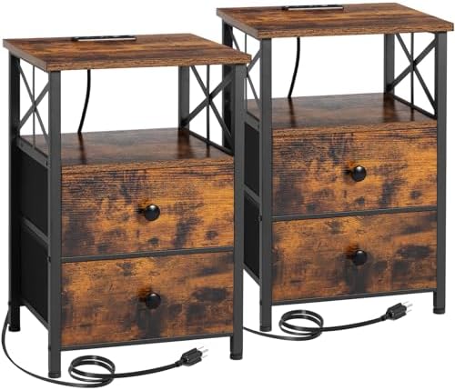 AMHANCIBLE Night Stand Set 2, Nightstand with Charging Station, End Tables Living Room with USB Ports and Outlets, Bedside Tables with Fabric Drawers for Bedroom, Rustic Brown HET05XBR