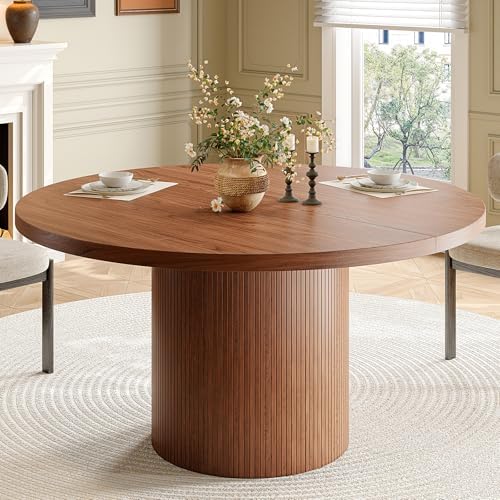 47 inch Round Dining Table for 4, Circle Kitchen Table with Wood Strip Base, Modern Farmhouse Dinner Tables for Kitchen, Living Room (Walnut)