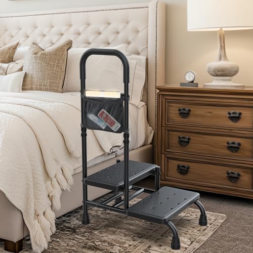 2 Step Stool with Handle for Elderly, Adjustable Handrail, Sensor Light, Storage Pocket, Medical Stepping Stool for High Bed Mobility & Daily Living Aids, Bedside Stair Lifts for Child Seniors