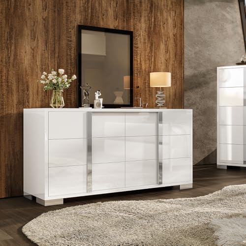 AMERLIFE 54" W High Gloss 6 Drawers Dressers with Silver Grooved Handles, Modern Storage Chest of Drawers with Wide Tabletop, for Bedroom/Dressing Room/Living Room, White