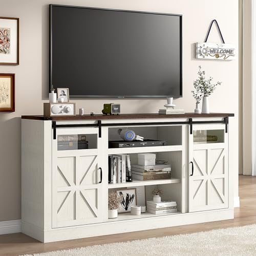 66" Farmhouse TV Stand with Power Outlets for 75 65 Inch TVs, Entertainment Center with Sliding Barn Door & Large Storage Cabinets w/Adjustable Shelf, 33" Tall TV Media Console, Rustic White